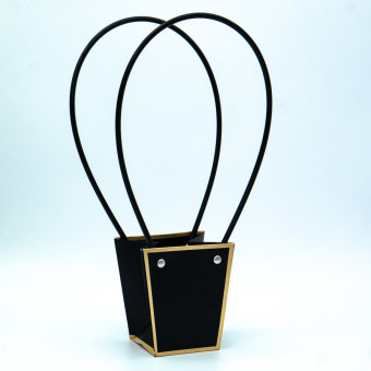 Сумка-кашпо картон с ручками 9,5х6,5см, H=10см, HH=28,5см, черная с золотым кантом
