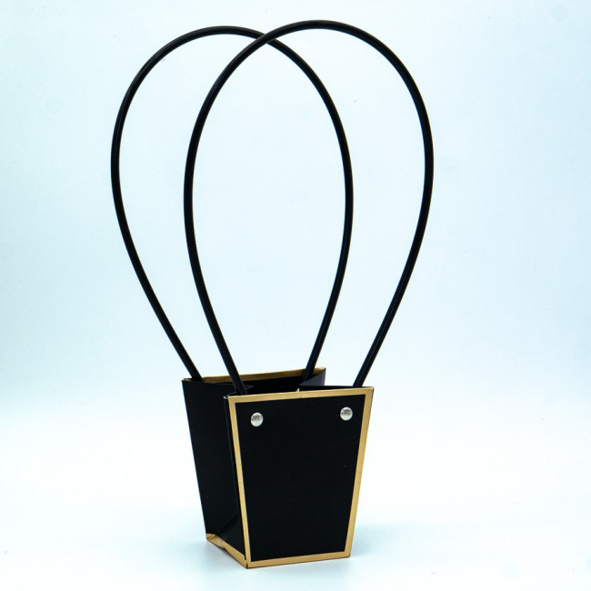 Сумка-кашпо картон с ручками 9,5х6,5см, H=10см, HH=28,5см, черная с золотым кантом