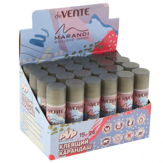 Клеящий карандаш PVP основа "deVENTE. Marandi" 15 г (быстросохнущий) цвета корпуса ассорти (фисташковый, лавандовый, аквамарин, пыльная роза) в картонном дисплее с пластиковым поддоном