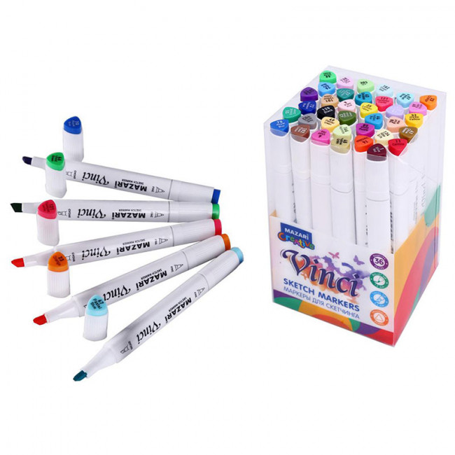 Набор маркеров для скетчинга двусторонние VINCI, 36цв., Main colors (основные цвета), корпус трехгранный, пулевид./клиновид.наконечники, пиш.узлы 1.0-6.2мм, ПВХ- упаковка