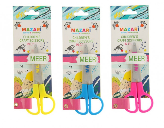 Ножницы детские MEER, 120мм, лезвия из нержавеющей стали, закругленные концы, пластиковые ручки, ассорти 3цвета, блистер с европодвесом