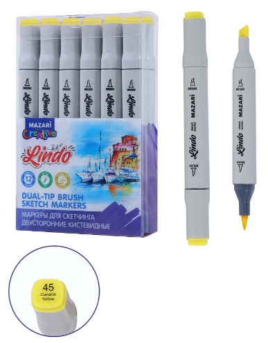 Маркер для скетчинга двусторонний LINDO, canaria yellow, кистевид./клиновид.наконечники, пиш.узлы 1.0-6.2мм, ПВХ- упаковка Маркер для скетчинга двусторонний LINDO, canaria yellow, кистевид./клиновид.наконечники, пиш.узлы 1.0-6.2мм, ПВХ- упаковка