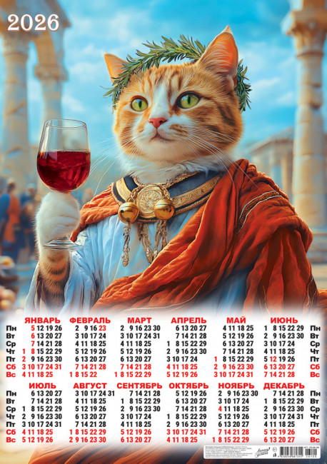 Календарь-плакат А2 2026г "365 дней с котом" (и вином) , ПО-26-100