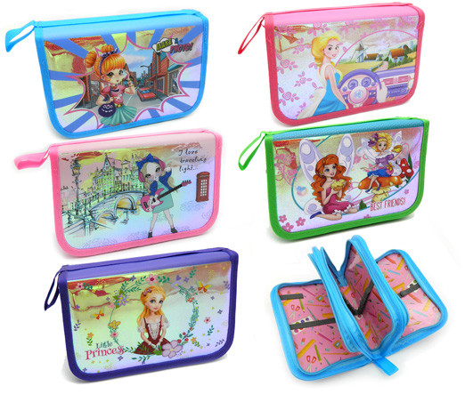 Пенал 3  отд. CH-35 "Для девочек" рисунок с блестками, внутреннее оформление, без наполнения, цвета ассорти, в ПВХ-пакете (1/12/96)