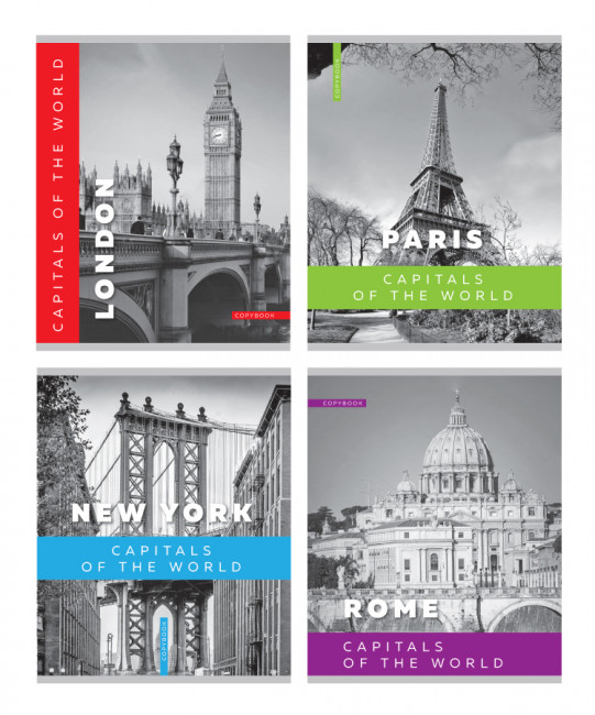 Тетрадь общая А5 скоба 96л. одна линия "Мировые столицы" (ассорти) BG (5/50)