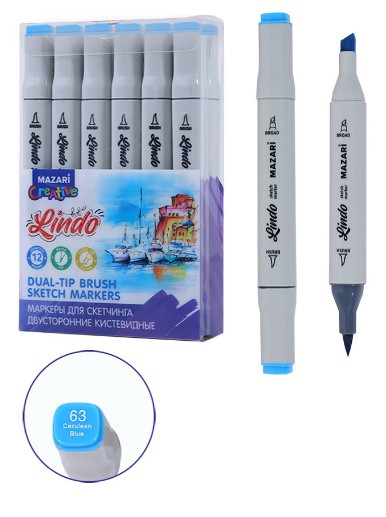 Маркер для скетчинга двусторонний LINDO, cerulean blue, кистевид./клиновид.наконечники, пиш.узлы 1.0-6.2мм, ПВХ- упаковка Маркер для скетчинга двусторонний LINDO, cerulean blue, кистевид./клиновид.наконечники, пиш.узлы 1.0-6.2мм, ПВХ- упаковка