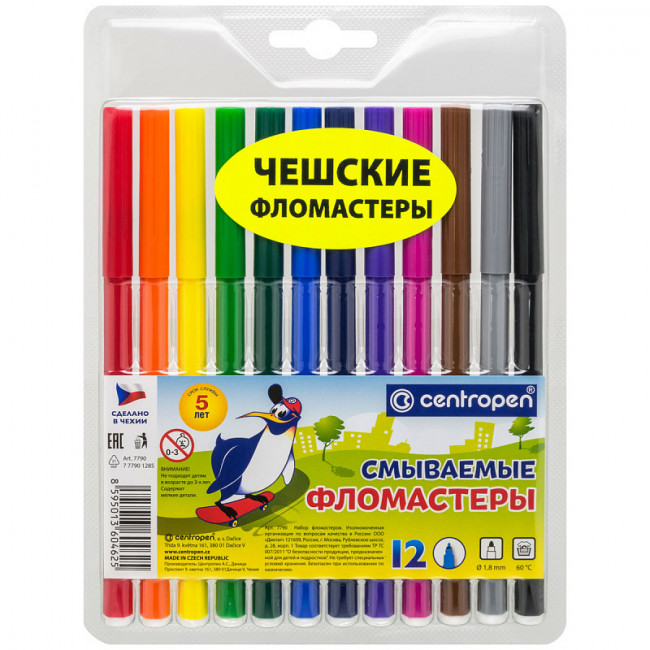 Фломастеры 12цв. Centropen "Пингвины", шестигранные, смываемые, уп. жесткий пластик