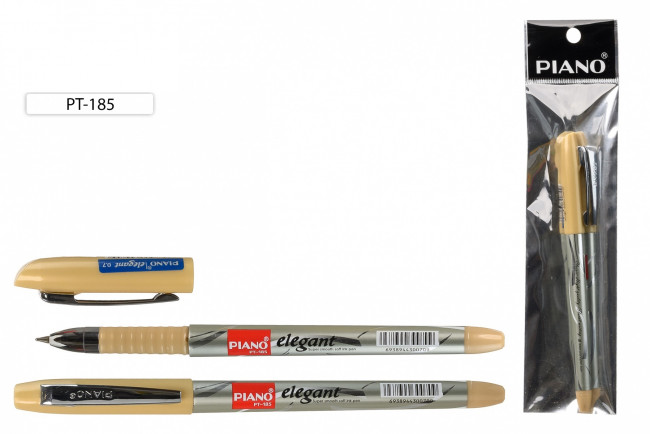 Шариковая ручка на масляной основе "Piano Elegant "в индивидуальной упаковкее с европодвесом :пластмассовый корпус цвета металлик, металлический наконечник, колпачок бежевого цвета с металлическим клипом, пишущий узел - 0,7 mm, цвет чернил - синий
