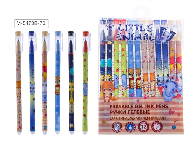Набор ручек гелевых со стираемыми чернилами LITTLE ANIMAL, 12 шт, СИНИЕ, игольчатый пиш. узел 0.5мм, термочувствительные чернила, корпус пластиковый цветной, сменный стержень 128 мм, ПВХ-упаковка