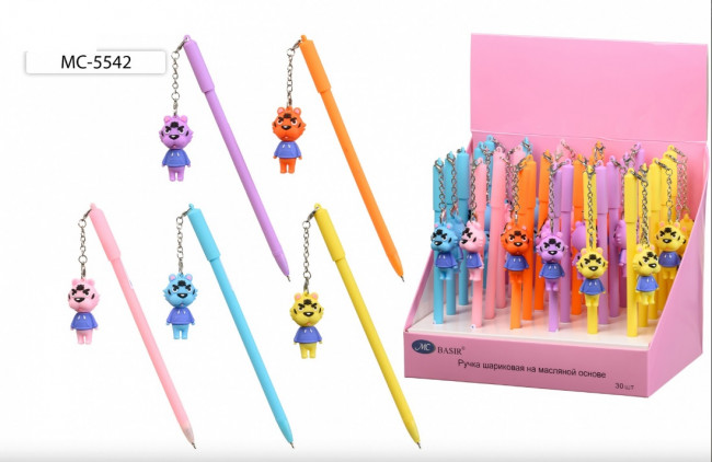 Шариковая ручка с чернилами на масляной основе: детская; "ТИГРЫ", колпачок со съёмным брелоком в виде тигра, цветной матовый корпус /ассорти/, цвет чернил синий.