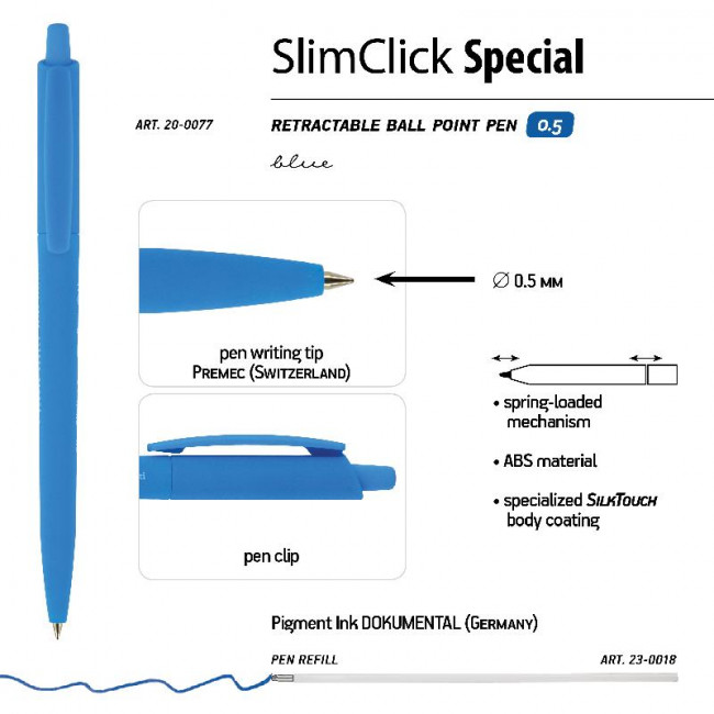 Ручка автоматическая 0,5мм синяя "SlimClick. Special", 4 цвета ассорти, BV/20-0077 (24)