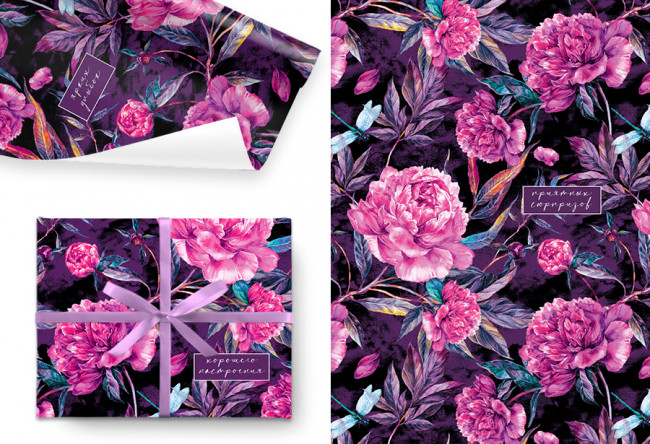 Бумага подарочная 80гр/м2, 100см х 70см, "Розовые пионы", Микрос/Ч44709 (5)