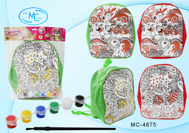 Сумочка-рюкзак+1 кисть+краски /6 цв/: цветной, внешняя сторона для раскрашивания белого цвета с рисунком и блёстками /4 рисунка/, размер 29*23 см. Сумочка-рюкзак+1 кисть+краски /6 цв/: цветной, внешняя сторона для раскрашивания белого цвета с рисунком и блёстками /4 рисунка/, размер 29*23 см.