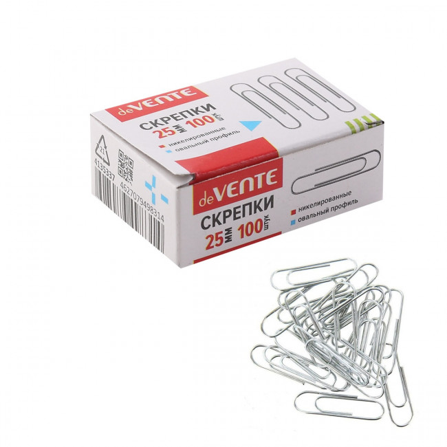 Скрепки металлические "deVENTE" овальные никелированные 25 мм, 100 шт в картонной коробке