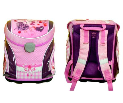 Ранец BM-382 "Сердечки" св. розово-фиолетовый, 35*28*17см, анатомич спинка, клапан за застежке, 2 боков кармана на молнии, светоотражатели (1/4)