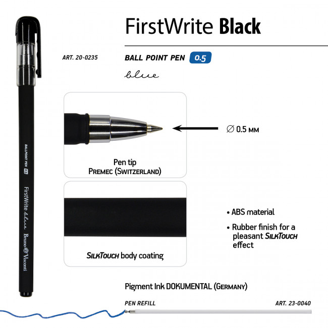 Ручка шариковая 0,5мм синяя "FirstWrite. Black", BV/20-0235 (24)