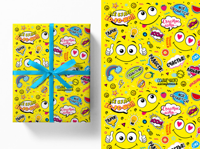 Бумага подарочная 80гр/м2, 100см х 70см, "Смайл на позитиве", Микрос/Ч43083 (5)
