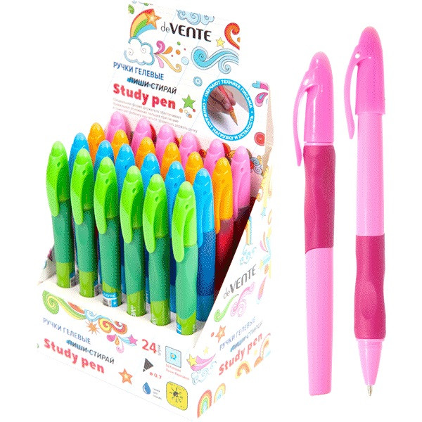 Ручка гелевая стираемая "deVENTE. Study Pen" обучающая письму, для правшей, d=0,7 мм, с каучуковым держателем, с ластиком в колпачке, сменный стержень, с индивидуальной маркировкой, в картонном дисплее, синие чернила