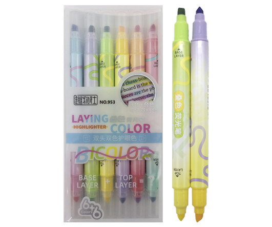 Маркер выделитель 12 цв. 6шт. DD-76 "Двухцветные" (тонкий/скошенный), 2/4мм, круглый корпус, уп ПВХ №953 (1/24/288)