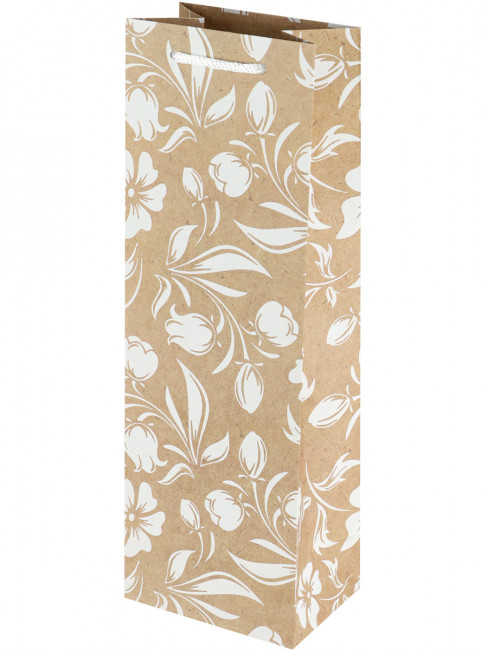 Пакет подарочный 12х36х8,5см "Белые цветы" под бутылку, из крафт-бумаги, MILAND/ППК-4279 (12)