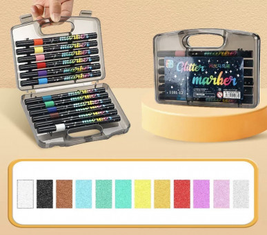 Фломастеры-кисточки с блеском, 12 цв., в пластиковом пенале (60)