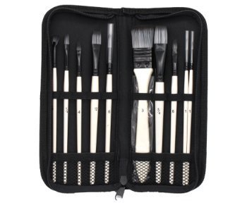 Кисти набор 10 шт. Синтетика AS-23 для акварельных красок, в черном пенале на молнии, белая ручка (1/120)