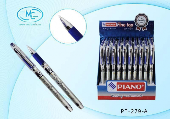 Шариковая ручка на масляной основе "Piano Finely ",пластиковый корпус серебристого цвета с рисунком, металлический наконечник,резиновый держатель,прозрачный колпачок с серебристым клипом, цвет чернил-синий.0,7mm.