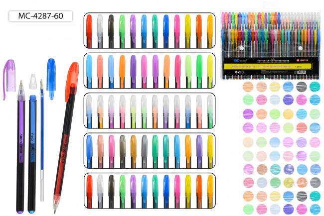 Набор гелевых ручек 1,0мм 60 цв МС- 4287-60, неон, пастель, суперметаллик, с блёстками, колпачёк в цвет чернил, BASIR (32)
