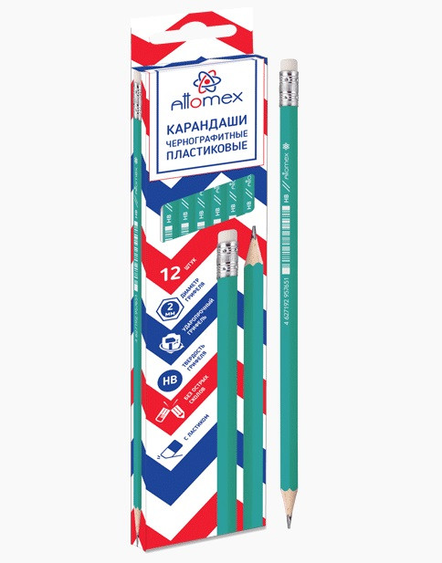Карандаш чернографитный "Attomex" HB, диаметр грифеля 2 мм, шестигранный с ластиком, индивидуальная маркировка, пластиковый зеленый корпус Карандаш чернографитный "Attomex" HB, диаметр грифеля 2 мм, шестигранный с ластиком, индивидуальная маркировка, пластиковый зеленый корпус