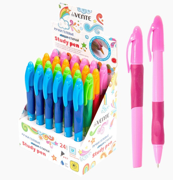 Ручка гелевая стираемая "deVENTE. Study Pen" обучающая письму, для левшей, d=0,7 мм, с каучуковым держателем, с ластиком в колпачке, сменный стержень, с индивидуальной маркировкой, в картонном дисплее, синие чернила