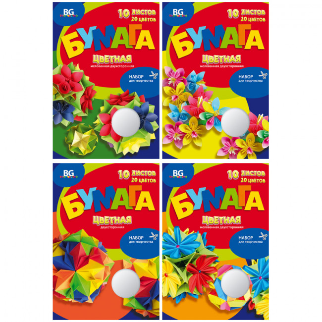 Цветная бумага А4, BG, двустор., 10л., 20цв., в папке, "Бумажная композиция", BG