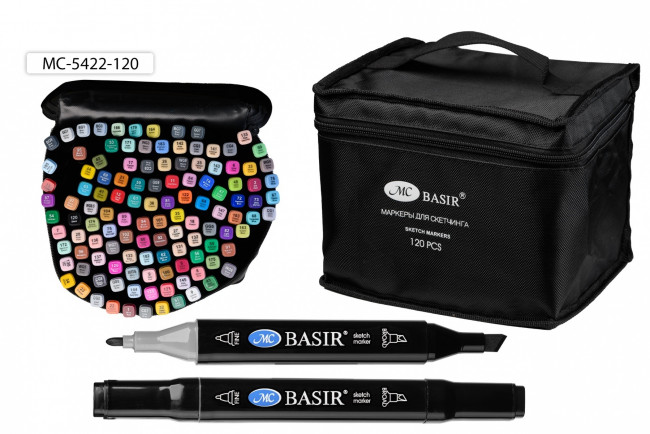 Набор скетчмаркеров: двусторонние, пулевидный и клиновидный наконечники 1,0-7,0 mm; чёрный четырёхгранный корпус; на спиртовой основе; тканевая черная сумка на молнии, 120 цветов.