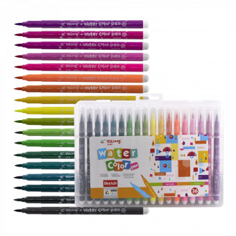 Фломастеры-кисточки 36 цв, круглый корпус "Геометрия", вентилируемый колпачок, в пластиковом пенале, Yalong/YL201816-36