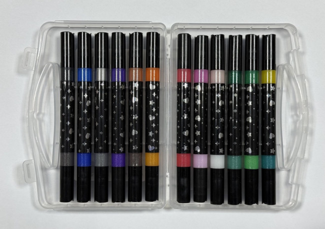 Фломастеры-кисточки с блеском, 12 шт., 24 цв.,  двусторонние, пластиковом пенале (24)