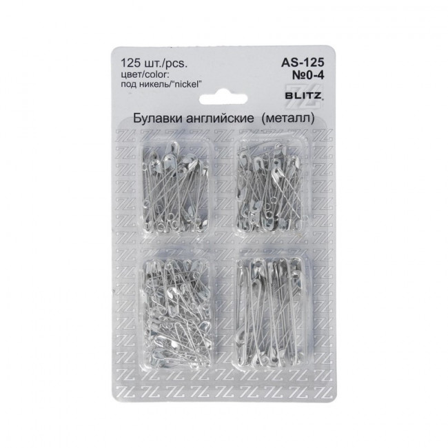Булавки английские №0-4 под никель -железо 125шт, ассорти BLITZ/AS-125 Булавки английские №0-4 под никель -железо 125шт, ассорти BLITZ/AS-125