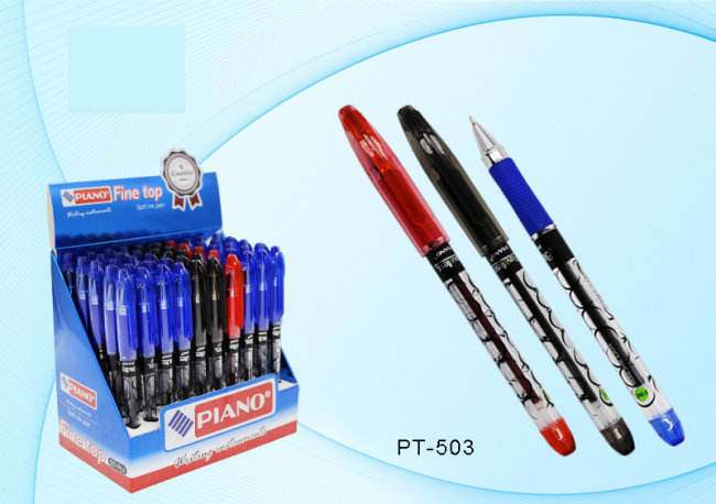 Шариковая ручка на масляной основе "Piano Flawless",  прозрачный корпус с рисунком, цветной прозрачный колпачок, резиновый держатель, игольчатый наконечник, толщина пишущего наконечника 0,7 mm, /3 цв.- 35шт.-синих, 10шт.- черных, 5 шт- красных/