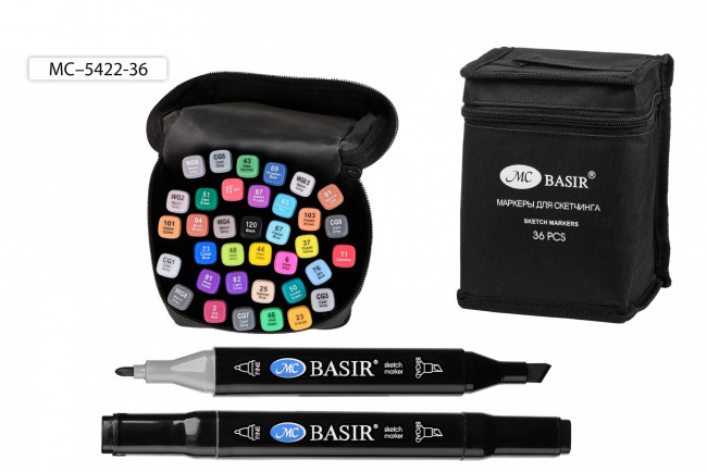 Набор скетчмаркеров: двусторонние, пулевидный и клиновидный наконечники 1,0-7,0 mm; чёрный четырёхгранный корпус; на спиртовой основе; тканевая черная сумка на молнии, 36 цветов.