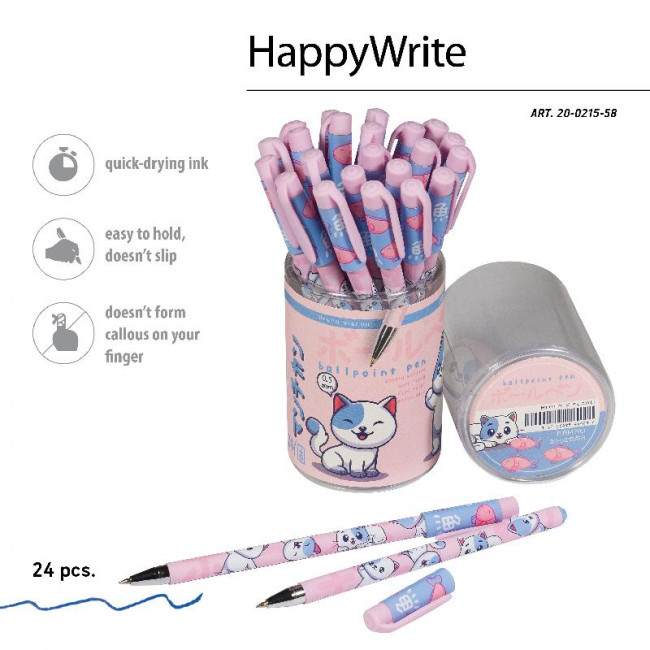 Ручка шариковая 0,5мм синяя "HappyWrite. Kawaii animals.Котенок", BV/20-0215/58 (24)
