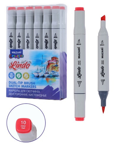 Маркер для скетчинга двусторонний LINDO, deep red, кистевид./клиновид.наконечники, пиш.узлы 1.0-6.2мм, ПВХ- упаковка Маркер для скетчинга двусторонний LINDO, deep red, кистевид./клиновид.наконечники, пиш.узлы 1.0-6.2мм, ПВХ- упаковка