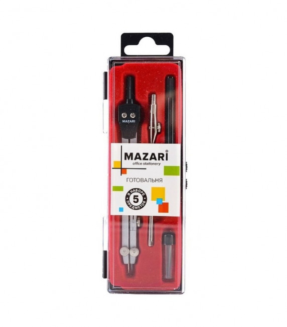 Готовальня, 5 предметов (циркуль 140мм, насадка на рейсфедер, держатель для рейсфедера, оцинкованная игла, пенал с запасным грифелем), пластиковая упаковка с подвесом