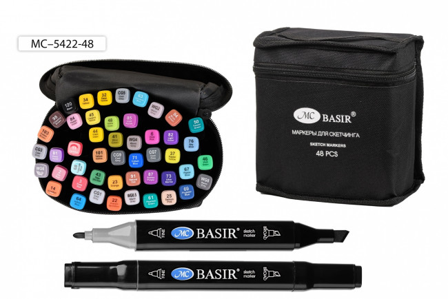 Набор скетчмаркеров: двусторонние, пулевидный и клиновидный наконечники 1,0-7,0 mm; чёрный четырёхгранный корпус; на спиртовой основе; тканевая черная сумка на молнии, 48 цветов.