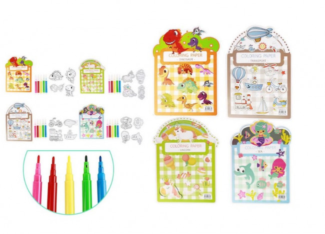 Набор для раскрашивания, 4 фигурные картинки, фломастеры 5 цветов, ассорти 5 дизайнов, ОПП-упаковка Набор для раскрашивания, 4 фигурные картинки, фломастеры 5 цветов, ассорти 5 дизайнов, ОПП-упаковка