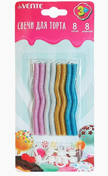 Набор свечей для торта "Glitter Zig-Zag" 8 разноцветных свечек с блестками 8,0x0,6см и 8 держателей, deVENTE/9060000 Набор свечей для торта "Glitter Zig-Zag" 8 разноцветных свечек с блестками 8,0x0,6см и 8 держателей, deVENTE/9060000