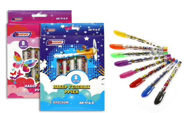 Набор гелевых ручек, 8 цв AR-916-8  с блеском, Asmar (24)