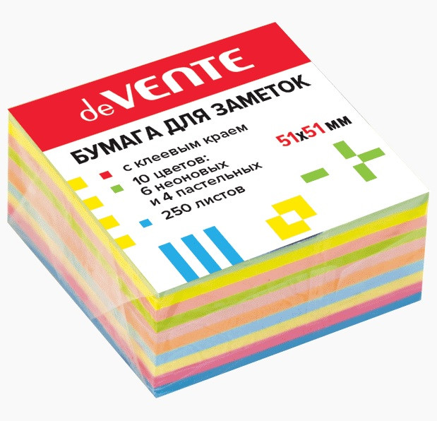 Клейкая бумага для заметок 51x51мм, 250 листов, офсет 75 г/м², 10цв, deVENTE/2010720 (12) Клейкая бумага для заметок 51x51мм, 250 листов, офсет 75 г/м², 10цв, deVENTE/2010720 (12)