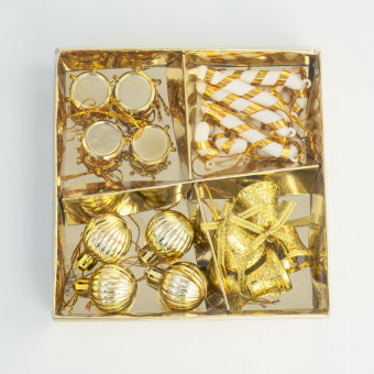 Набор елочных украшений шары, колокольчики, барабаны, леденцы, золотой, 18 шт, Микрос/ч47582