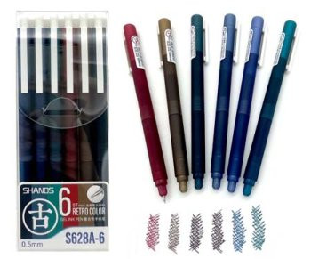 Ручки гелевые набор- 6 цв. CH-237 SHANDS (авт) 0,5мм Ретро цвет S628-A матовый корп., в упаковке пвх (1/24/288)