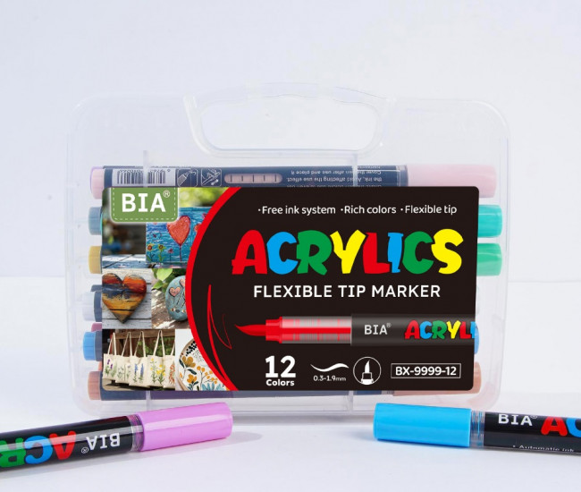 Набор акриловых маркеров ACRYLICS PREMIUM, кисть, 12 цв., в пластиквом пенале, BX9999-12 Набор акриловых маркеров ACRYLICS PREMIUM, кисть, 12 цв., в пластиквом пенале, BX9999-12