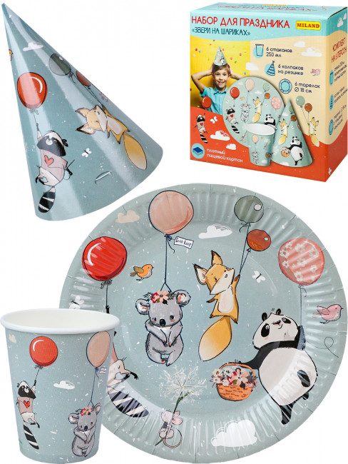 Набор для праздника  Звери на шариках (тарелка 6 шт, стаканы 6 шт, колпаки 6 шт) НП-2138 Набор для праздника  Звери на шариках (тарелка 6 шт, стаканы 6 шт, колпаки 6 шт) НП-2138