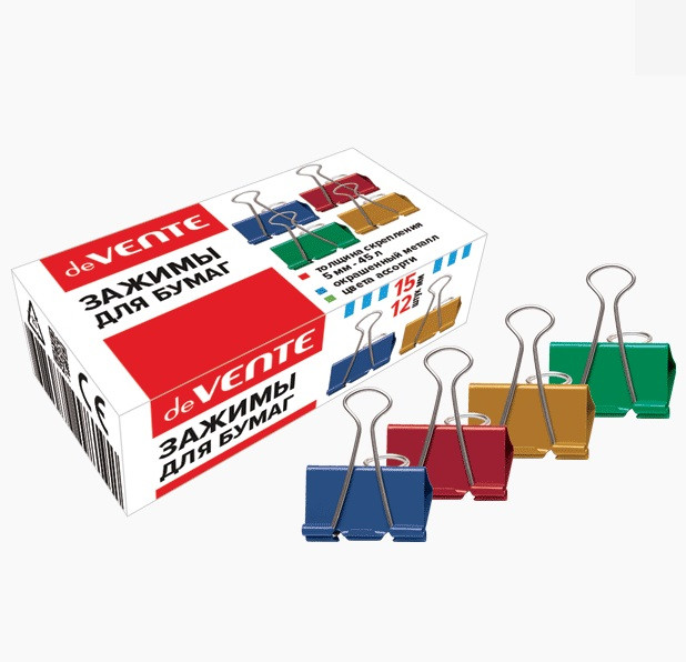 Зажим 15мм для бумаг, металлический, цветной, 12шт, deVENTE